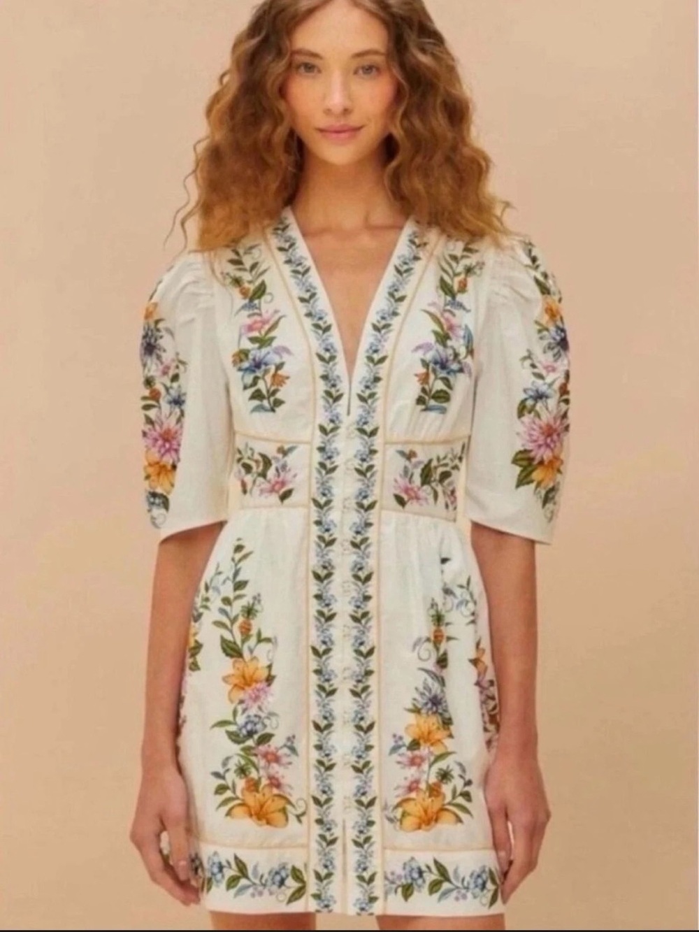 Farm Rio Sweet Bloom Dreamscape Floral Puff Sleeve Mini Dress Size L